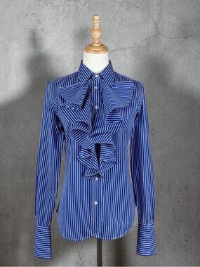 Ralph Lauren Sport Ruffle Button Down Shirt Admiral Blue Stripe | 10